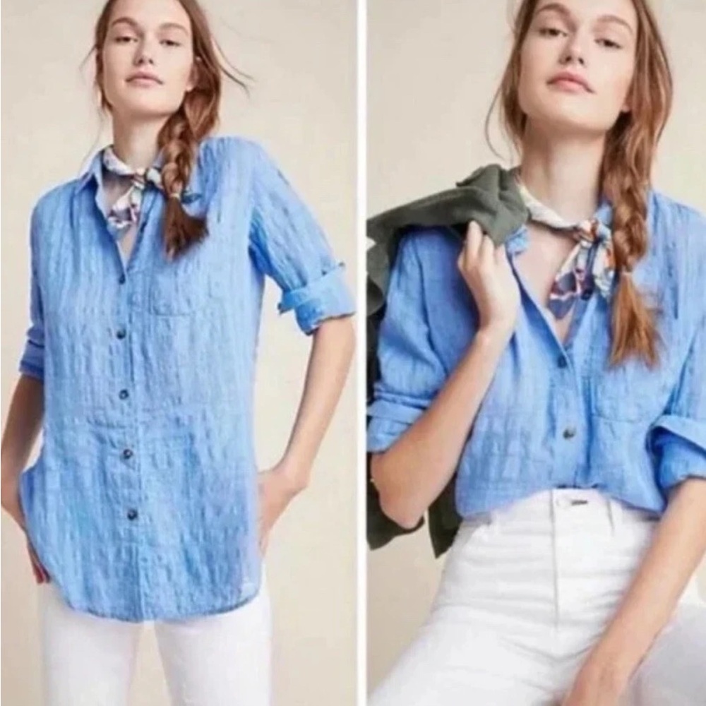 Anthropologie Pilcro and the Letterpress Cotton/Linen Vibrant Blue Button Up